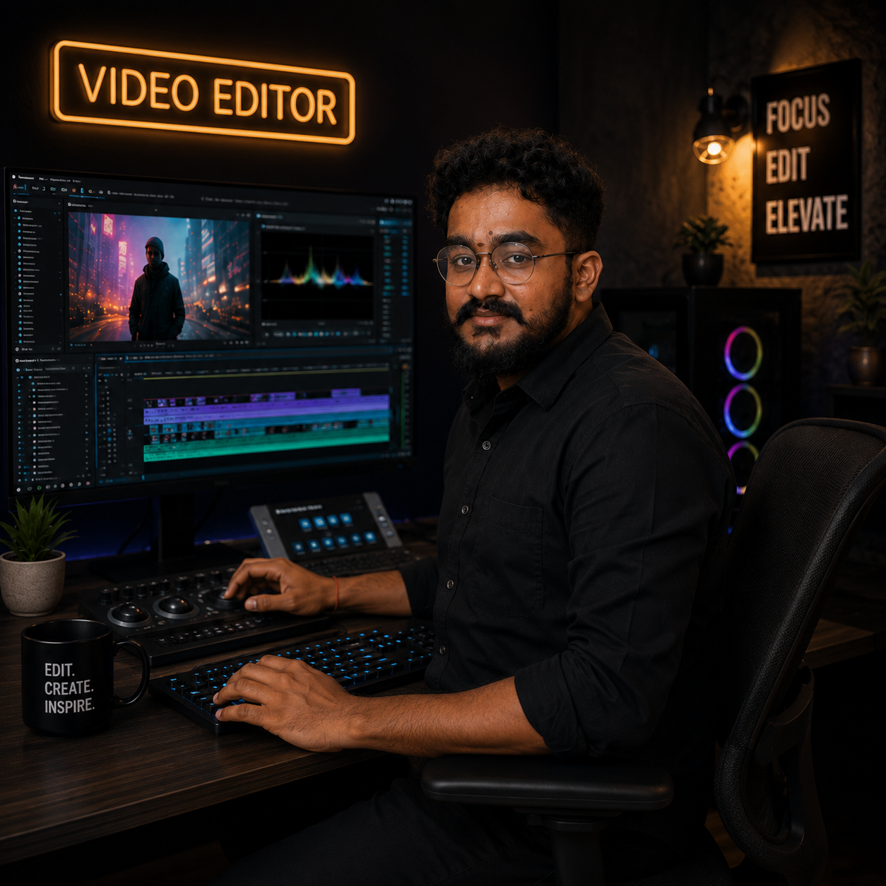 Ram at his editing desk, colour-grading a project on a multi-monitor setup
